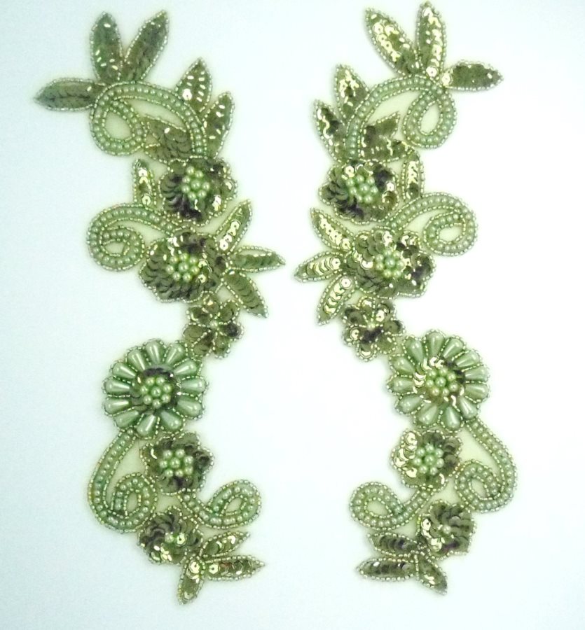 Appliques Sequin Beaded Olive Green Mirror Pair Costume Designer Motifs