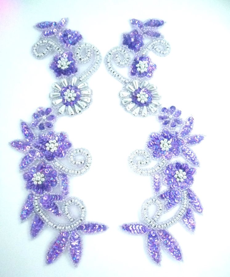 Appliques Purple Silver Mirror Pair Holographic Sequin Beaded 0183