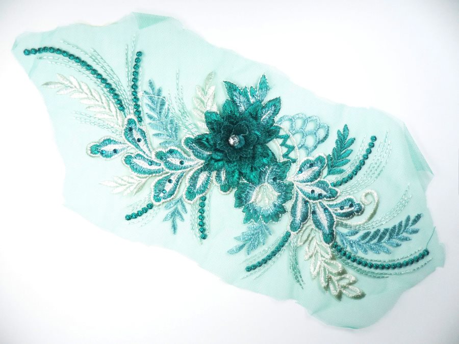 3D Applique Embroidered Floral Metallic Teal Beige Rhinestone Craft Patch 14 RMGB717
