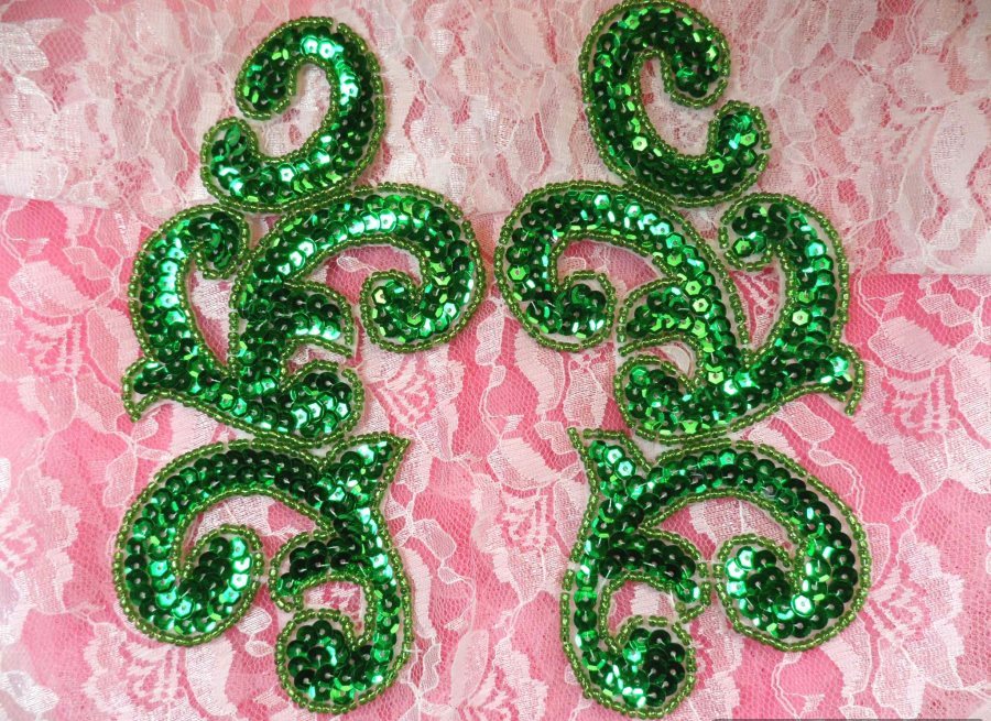 Sequin Appliques Green MIRROR PAIR Scroll Designer Beaded Iron On