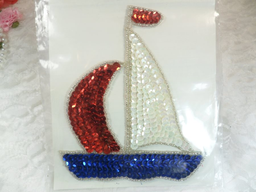 Self Adhesive Patriotic Boat Sequin Applique Beaded Patch Motif Sewing Crafts Supplies 6 (LC1718)
