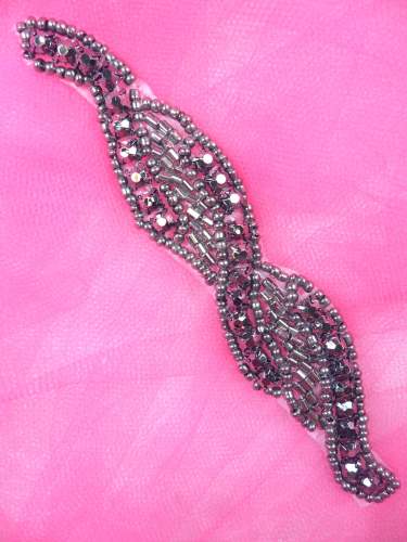 XR129 Gunmetal Beaded Rhinestone Applique 4.75\
