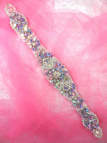XR285 Endless Rhinestones Crystal AB Rhinestone Applique Silver Setting Bridal Sash Patch Motif 13\