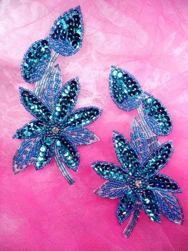 XR51 Aqua Floral Mirror Pair Beaded Sequin Appliques 6