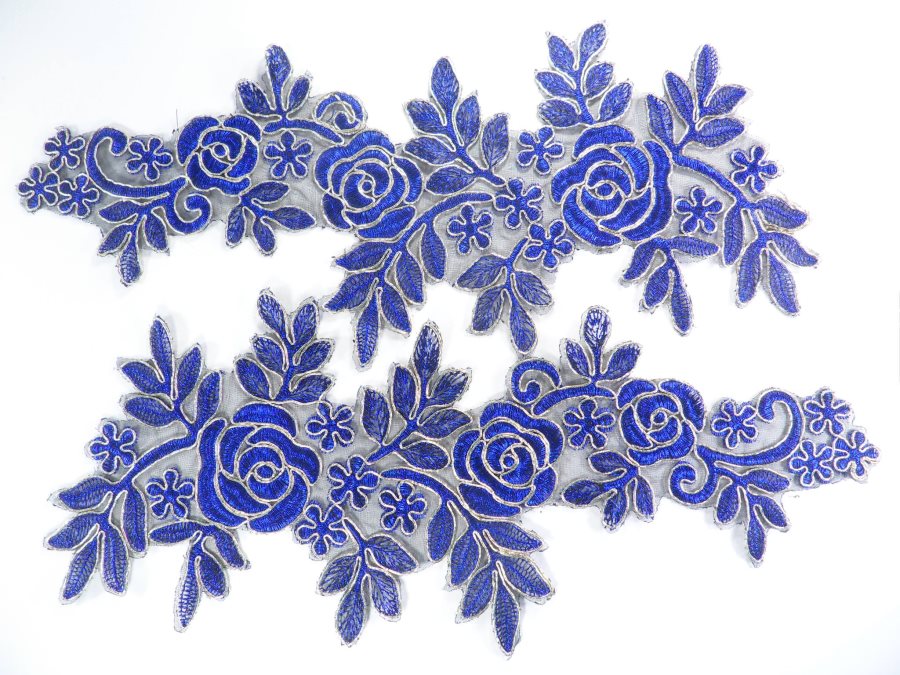 Floral Embroidered Appliques Blue Gold Dance Costume Mirror Pairs 15.75 GB680X