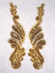 0016 Gold Pearl Mirror Pair Sequin Beaded Appliques 8.5"