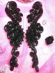 0016  Black Mirror Pair Beaded Sequin Appliques 8"