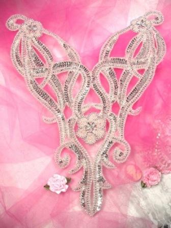 0029 Silver Bodice Sequin Beaded Applique 12"