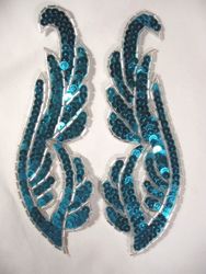 0033 Turquoise Silver Mirror Pair Sequin Beaded Appliques 6.25"