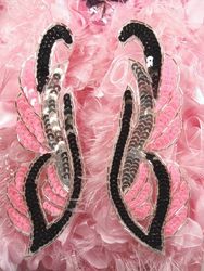 0033 Pink Black Mirror Pair Sequin Beaded Appliques 6.25"