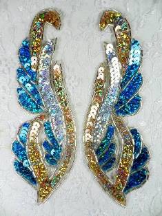 0033 Turquoise Gold Silver edged Mirror Pair Beaded Sequin Appliques 6"