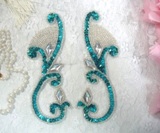 0034 Turquoise Jeweled Mirror Pair Sequin Beaded Appliques 6"