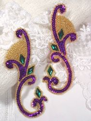 0034 Purple Green Jeweled Mirror Pair Sequin Beaded Appliques 6"