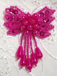 0036 Fuchsia Bow Sequin Beaded Applique 2.5"