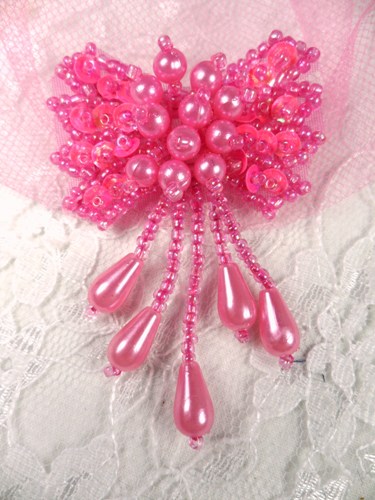 0036 Hot Neon Pink Bow Sequin Beaded Applique 2.5"