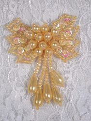 0036  Yellow Pearl AB Bow Sequin Beaded Applique 2.5"