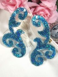 0050 Turquoise Holographic Mirror Pair Sequin Beaded Appliques 4"