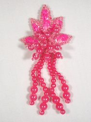 0073  Hot Neon Pink Leaf Dangle Sequin Beaded Applique 3"