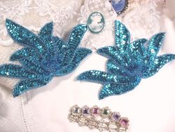 0079 Turquoise Sea Weed Mirror Pair Sequin Beaded Applique 6"