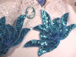 0079 Turquoise Sea Weed Mirror Pair Sequin Beaded Applique 6"