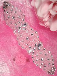 0090 REDUCED Karren Silver Beaded Crystal Rhinestone Applique 8"