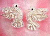 Sequin Beaded Off White Dove Applique Mirror Pair 2"  (0100X)