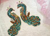 Aqua Peacock Mirror Pair Sequin Beaded Appliques (0167X)
