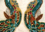 Aqua Peacock Mirror Pair Sequin Beaded Appliques (0167X)