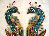 Aqua Peacock Mirror Pair Sequin Beaded Appliques (0167X)
