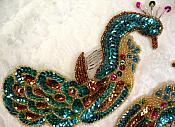 Aqua Peacock Mirror Pair Sequin Beaded Appliques (0167X)