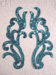 0170 Turquoise Mirror Pair Sequin Beaded Appliques 9"