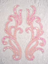 0170 Pink Crystal AB Mirror Pair Sequin Beaded Appliques 9"