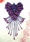 Epaulet Sequin Applique w/ long Dangle Accent Beads Purple Sewing Patch 8" (0178)