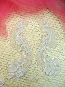 White Sequin Bridal Appliques w/ Ivory Beads Mirror Pair Motifs 8" (0180X)