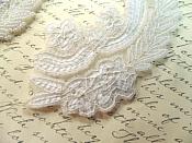 White Sequin Bridal Appliques w/ Ivory Beads Mirror Pair Motifs 8" (0180X)
