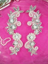 Silver and Pearl  Mirror Pair Sequin Beaded Appliques 0183