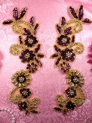 0183 Mirror Pair Sequin Beaded Appliques Wine Gold 10"