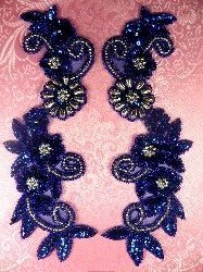 0183 Royal Blue Silver Mirror Pair Sequin Beaded Appliques 10"