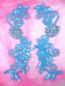 0183 Appliques Mirror Pair Sequin Beaded Crystal Turquoise AB Silver 10"