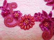 Mirror Pair Applique Coral Fuschia Floral Sequin Beaded Patch 10" (0183X)