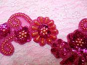 Mirror Pair Applique Coral Fuschia Floral Sequin Beaded Patch 10" (0183X)