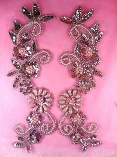 0183 Mauve Mirror Pair Sequin Beaded Appliques 10"