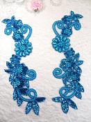 Mirror Pair Applique Turquoise Holographic Floral Sequin Beaded Patch 10" (0183X)