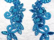 Mirror Pair Applique Turquoise Holographic Floral Sequin Beaded Patch 10" (0183X)