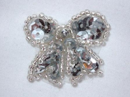 0185  Silver Bow Sequin Beaded Applique 1.25"