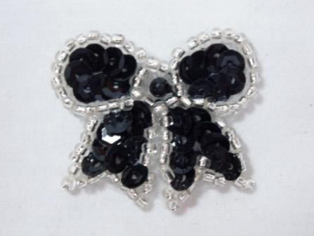 0185  Black Silver Bow Sequin Beaded Applique 1.25"