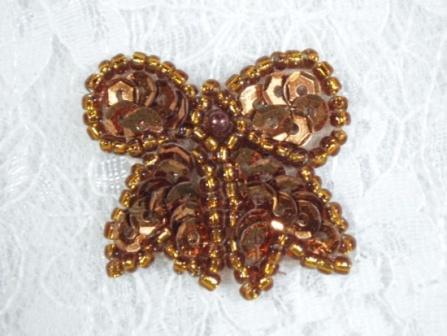 0185  Brown Bronze Bow Sequin Beaded Applique 1.25"