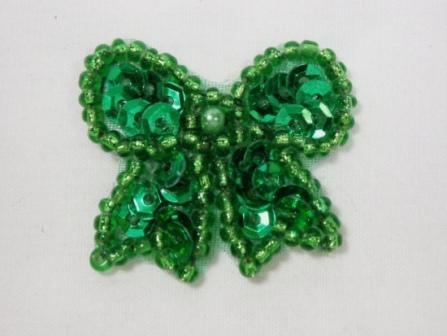 0185  Green Bow Sequin Beaded Applique 1.25"