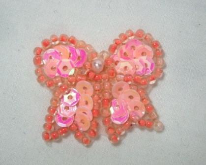 0185  Peach AB Bow Sequin Beaded Applique 1.25"