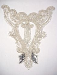 0203 Silver Pearl Dangle Bodice Beaded Sequin Applique 7.75"